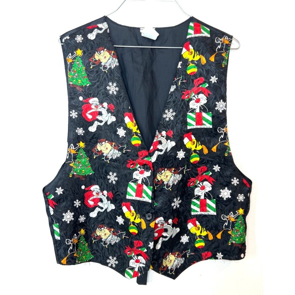 Looney Tunes 90's Vest Christmas trees snowflakes Holiday M/L Tweety Bugs 1994